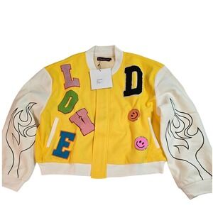 DENIM LOVE Kids Yellow White Flame Patch Letter Varsity Bomber Jacket Size S